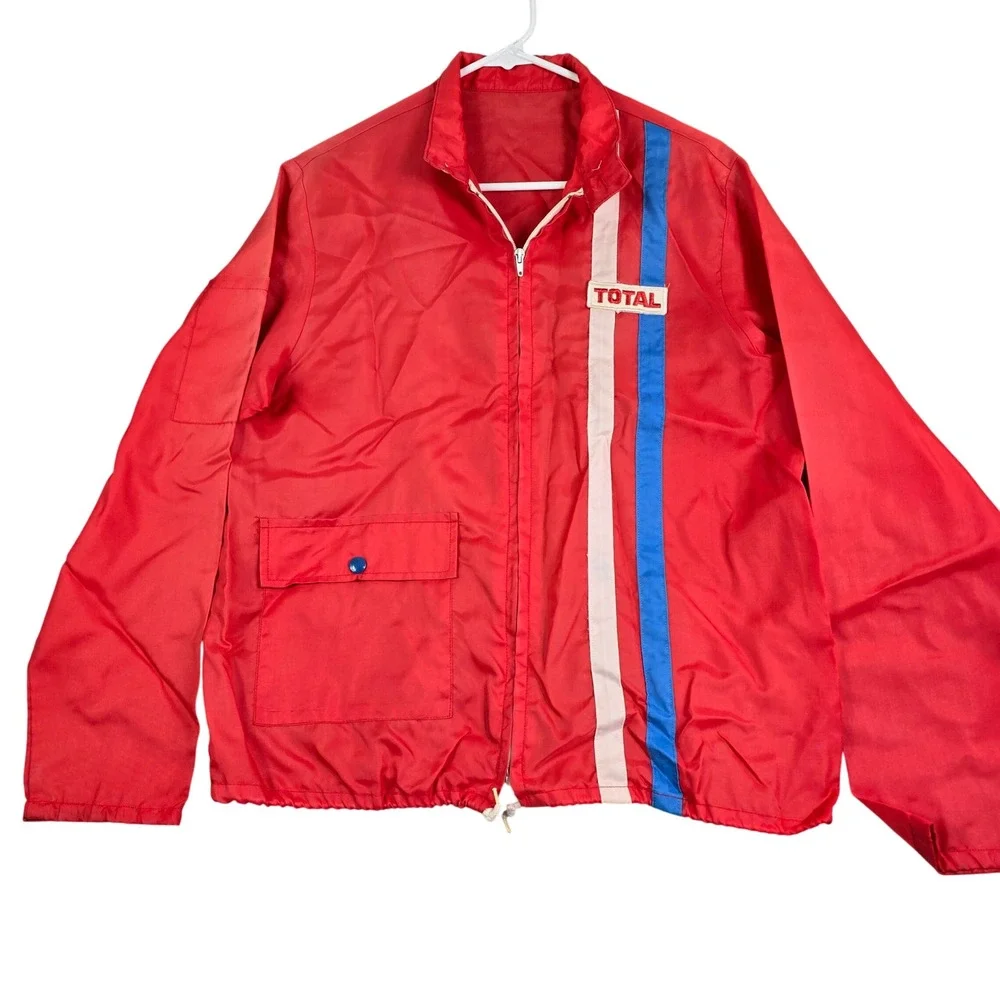 Vintage Total Gas Racing Zip Jacket Mens M Red Stripe Windbreaker Patch Mechanic